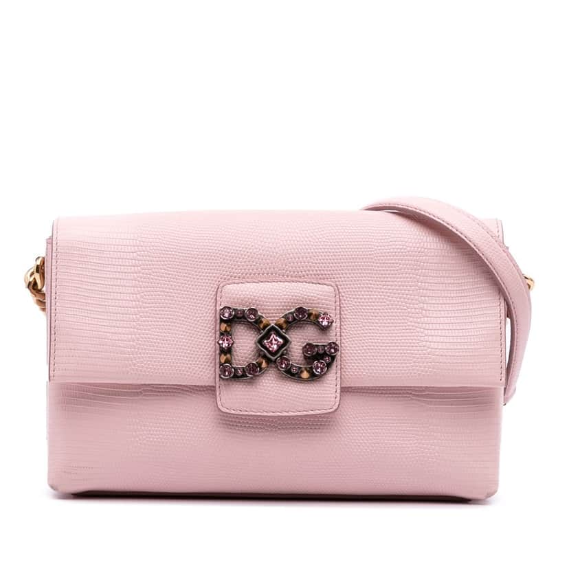 Dolce & Gabbana Iguana Embossed Calfskin Crystal Embellished DG Millennials Crossbody Pink Leather Good condition - Front View