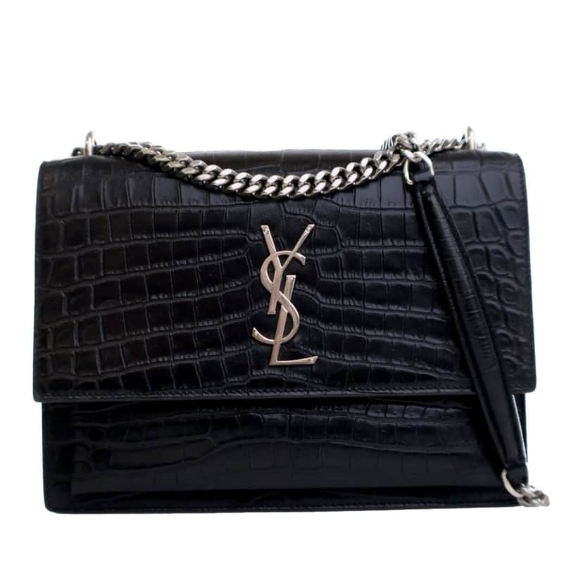 Saint Laurent Medium Croc Embossed Calfskin Sunset Flap Crossbody Blue Leather Good condition - Front View