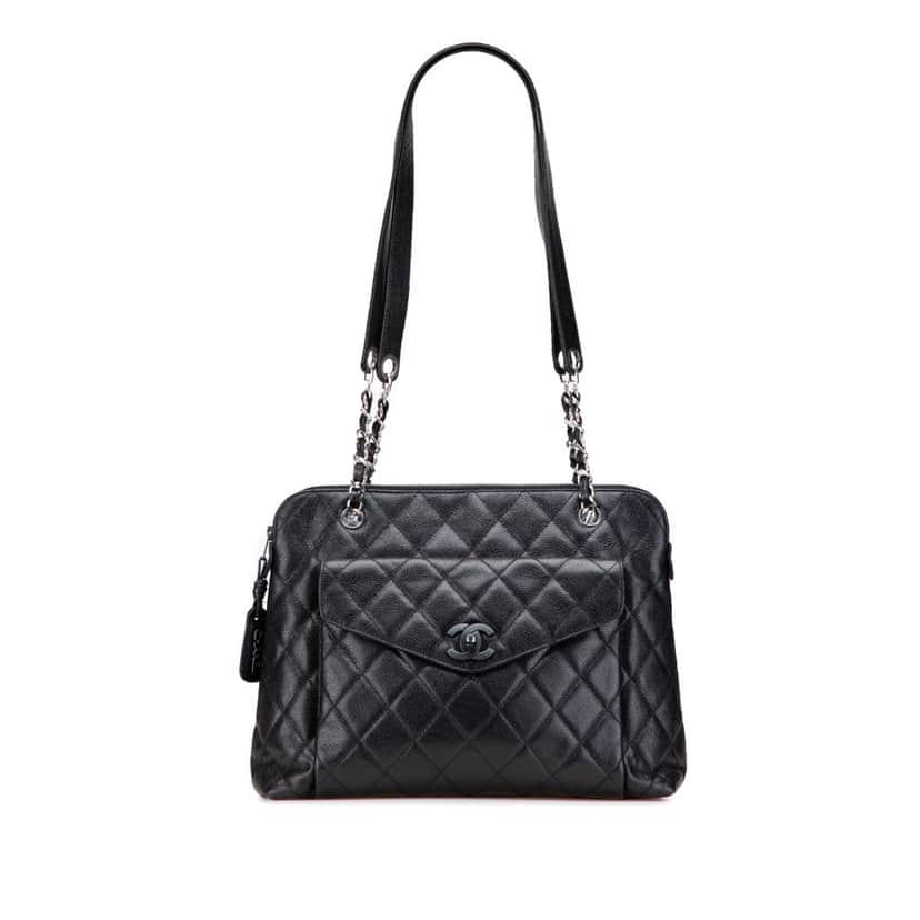 Chanel CC Quilted Caviar Front Pocket Shoulder Bag Black Leather Good condition - Front View