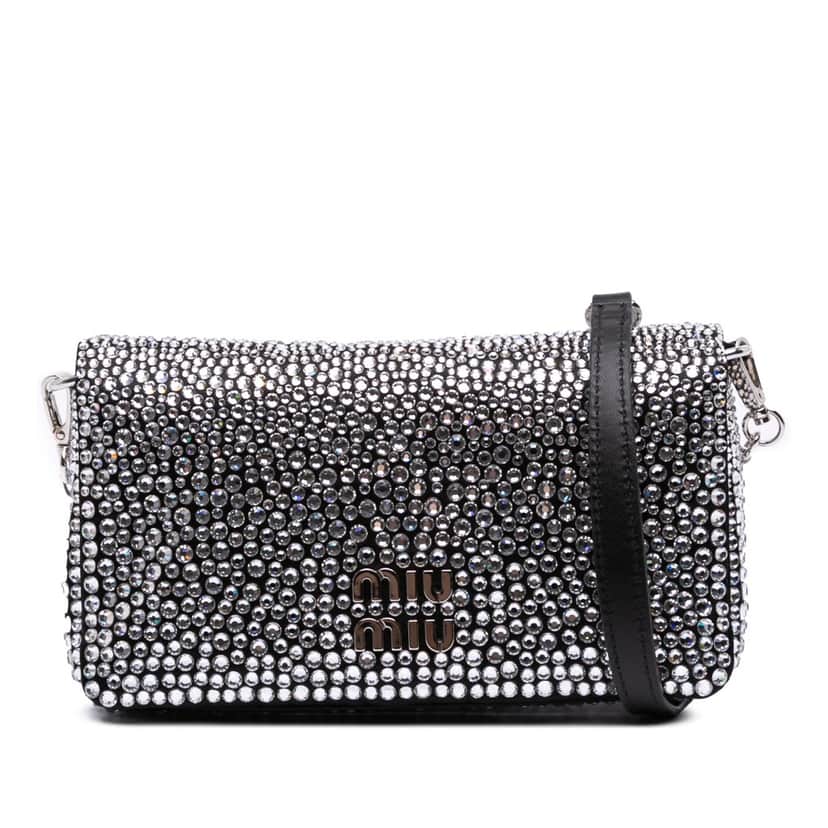 Miu Miu Mini Crystal Embellished Satin Chain Crossbody Black Satin Good condition - Front View