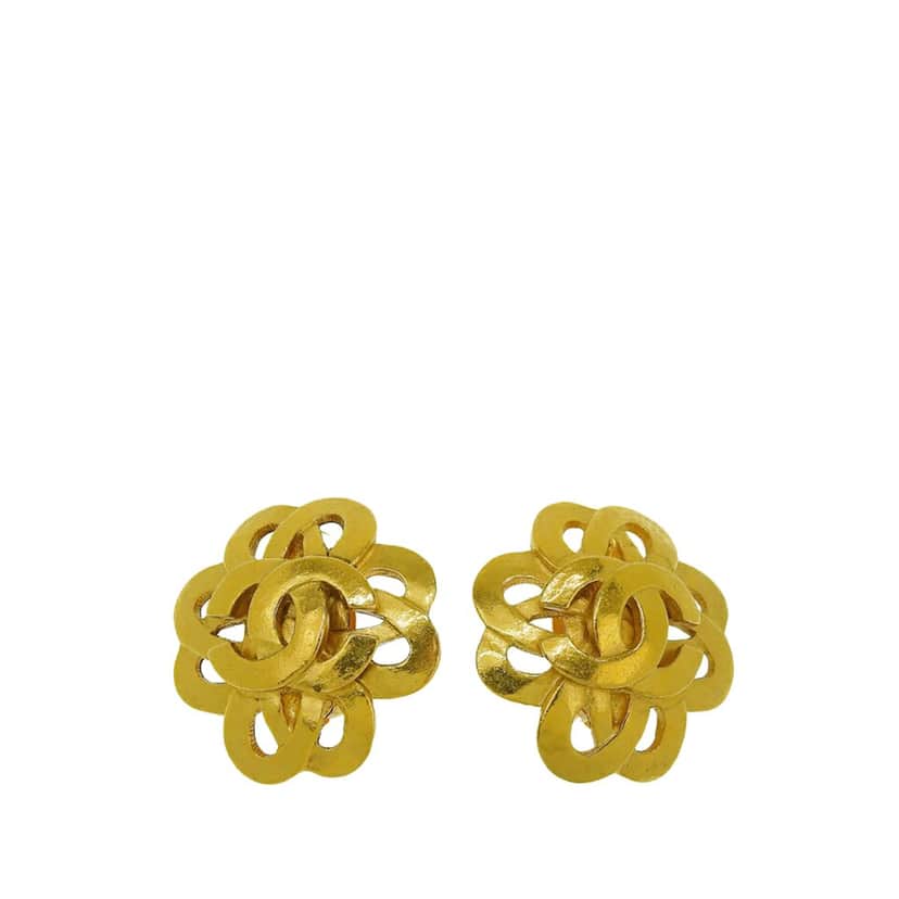Chanel Gold Plated CC Flower Clip On Earrings Gold Metal Good condition - Front View