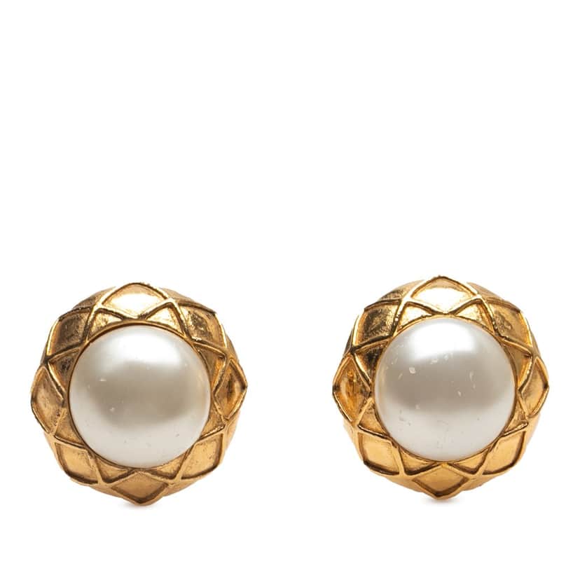 Chanel Gold Plated Faux Pearl Clip on Earrings Gold Metal Good condition - Front View