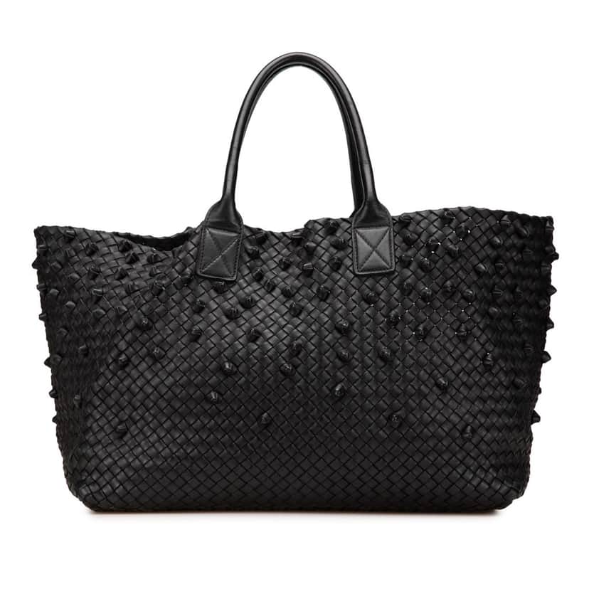 Bottega Veneta Limited Edition Large Lambskin Intreccio Knotted Cabat Tote Black Leather Good condition - Front View