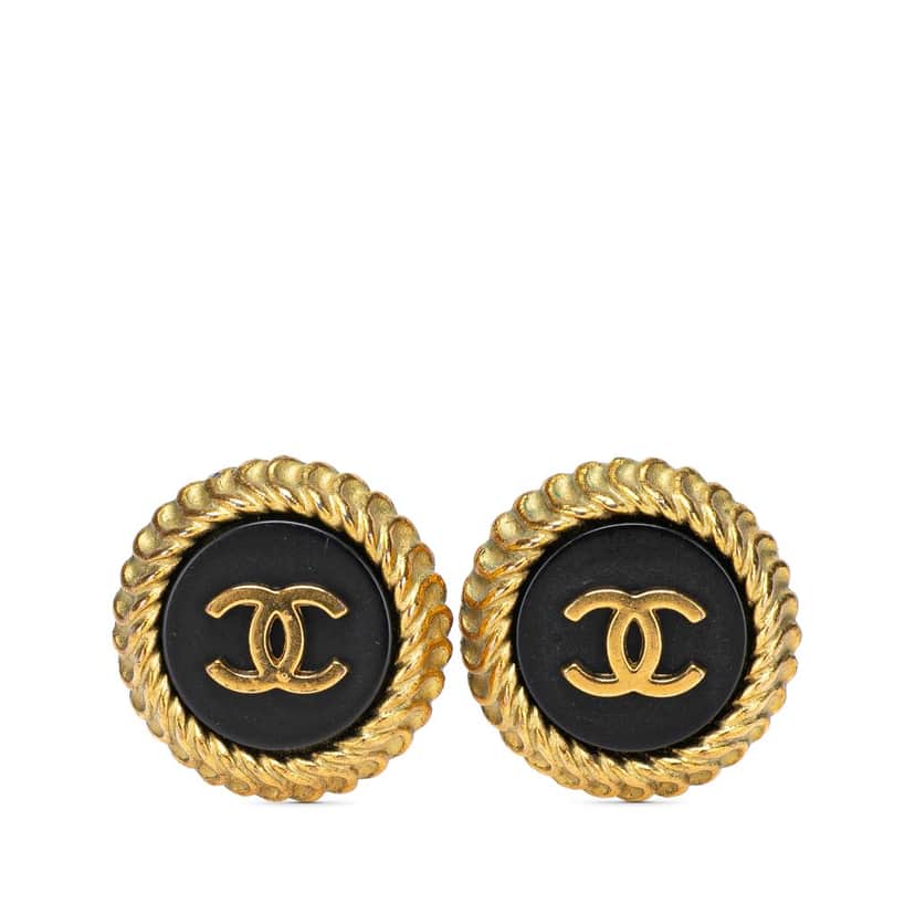 Chanel CC Gold Plated Resin Button Clip on Earrings Gold Metal Good condition - Front View