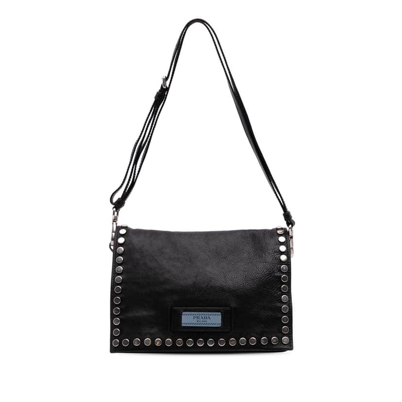 Prada Glace Calfskin Studded Etiquette Flap Black Leather Good condition - Front View
