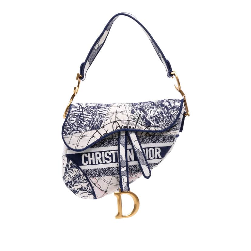 Dior Canvas Embroidered Around the World Saddle Bag Blue Canvas Good condition - Front View