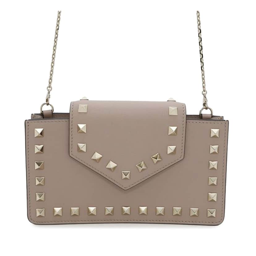 Valentino Calfskin Rockstud Phone Case with Chain Brown Leather Good condition - Front View