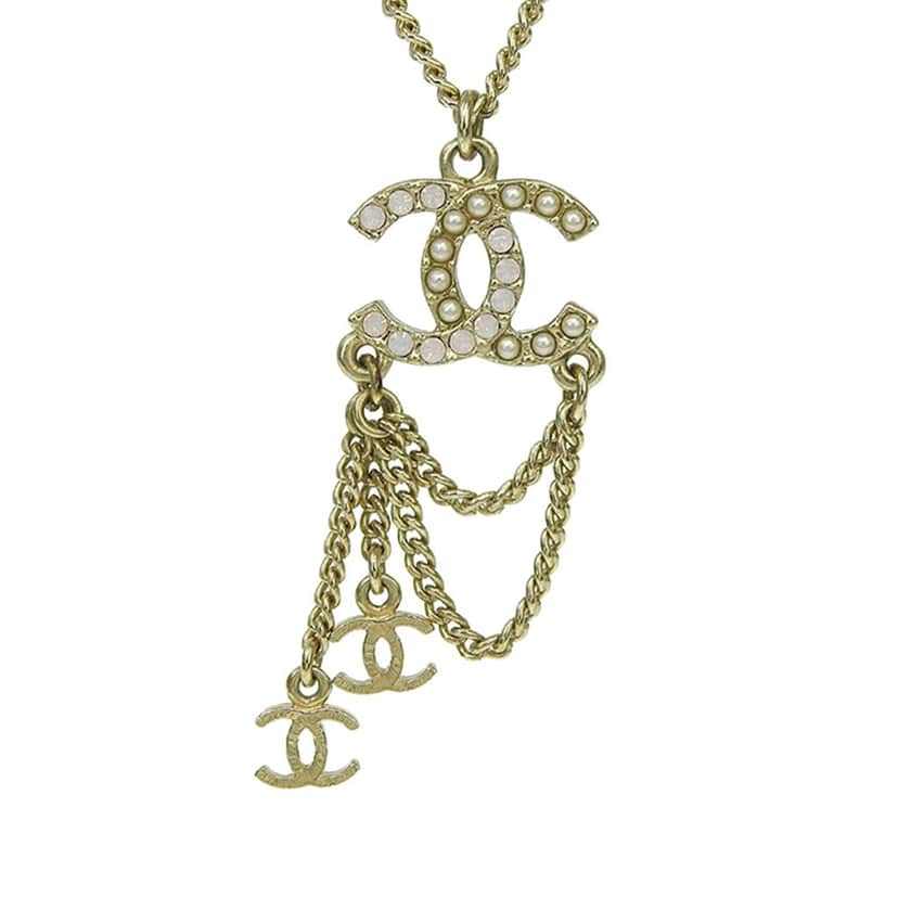 Chanel CC Gold Plated Faux Pearl and Crystal Drop Necklace Gold Metal Good condition - Front View