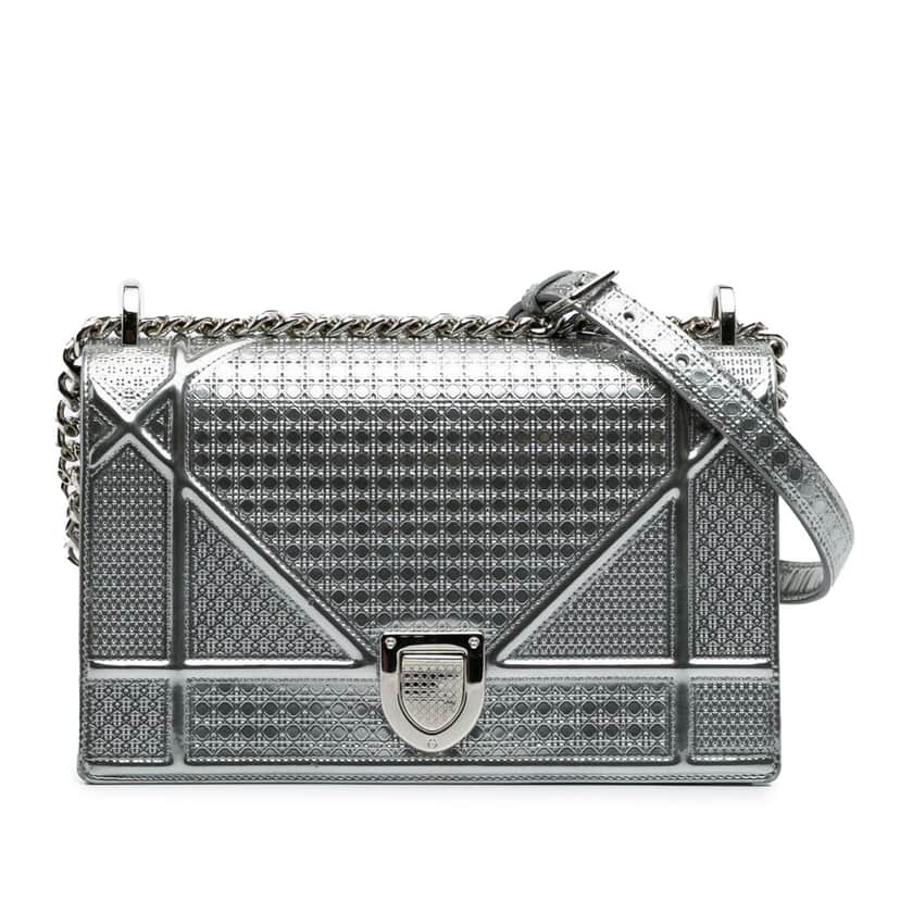 Dior Medium Metallic Patent Microcannage Diorama Flap Silver Leather Good condition - Front View