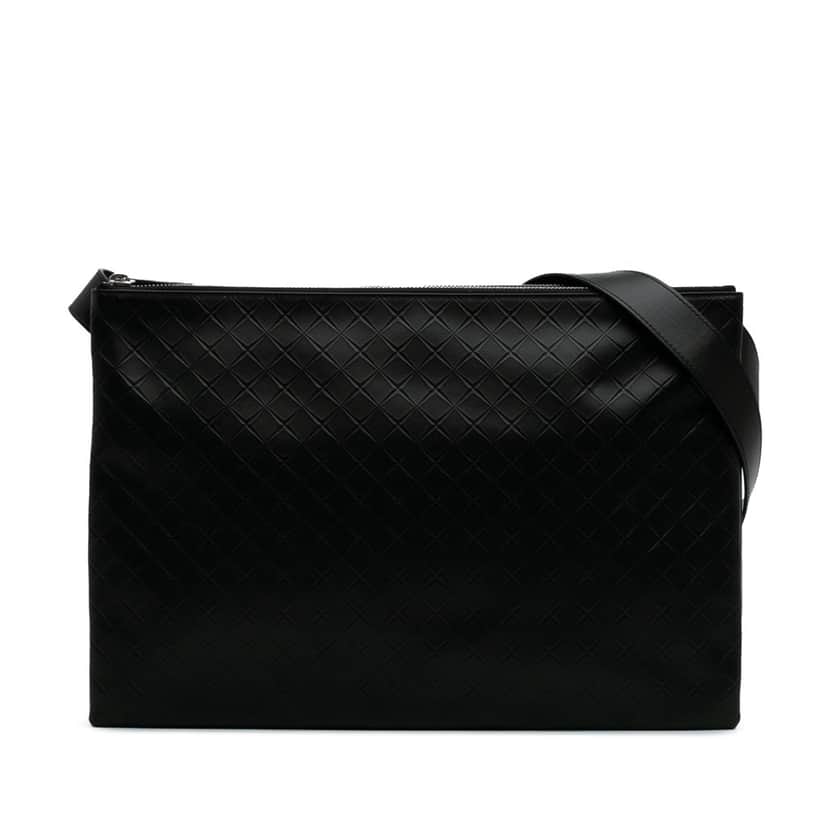 Bottega Veneta Lambskin Embossed Intrecciato Triple Zip Messenger Bag Black Leather Good condition - Front View