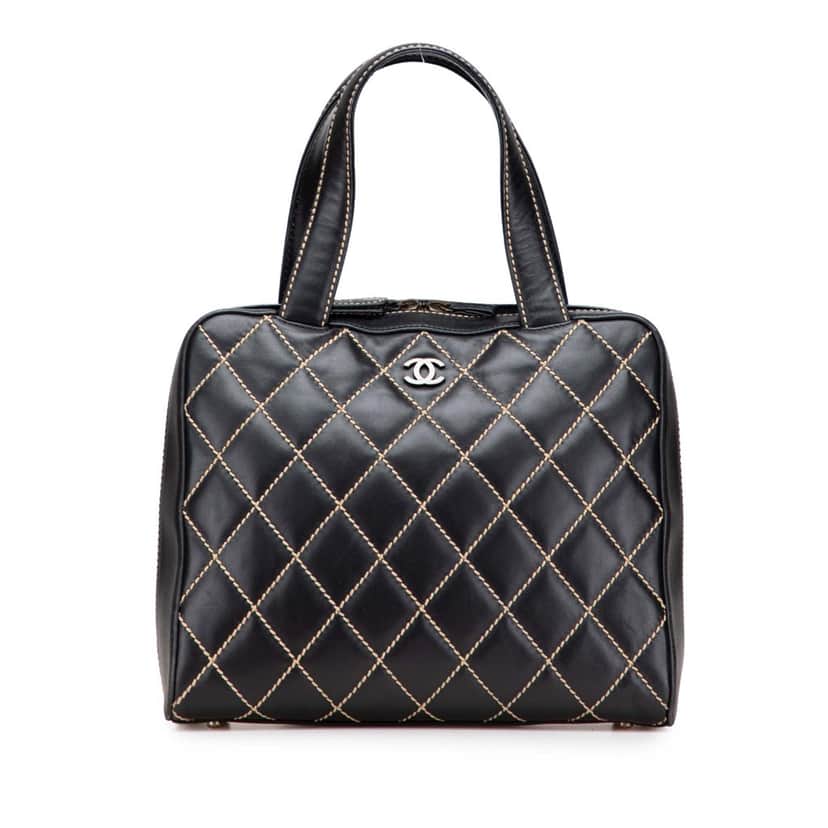 Chanel CC Lambskin Wild Stitch Handbag Black Leather Good condition - Front View