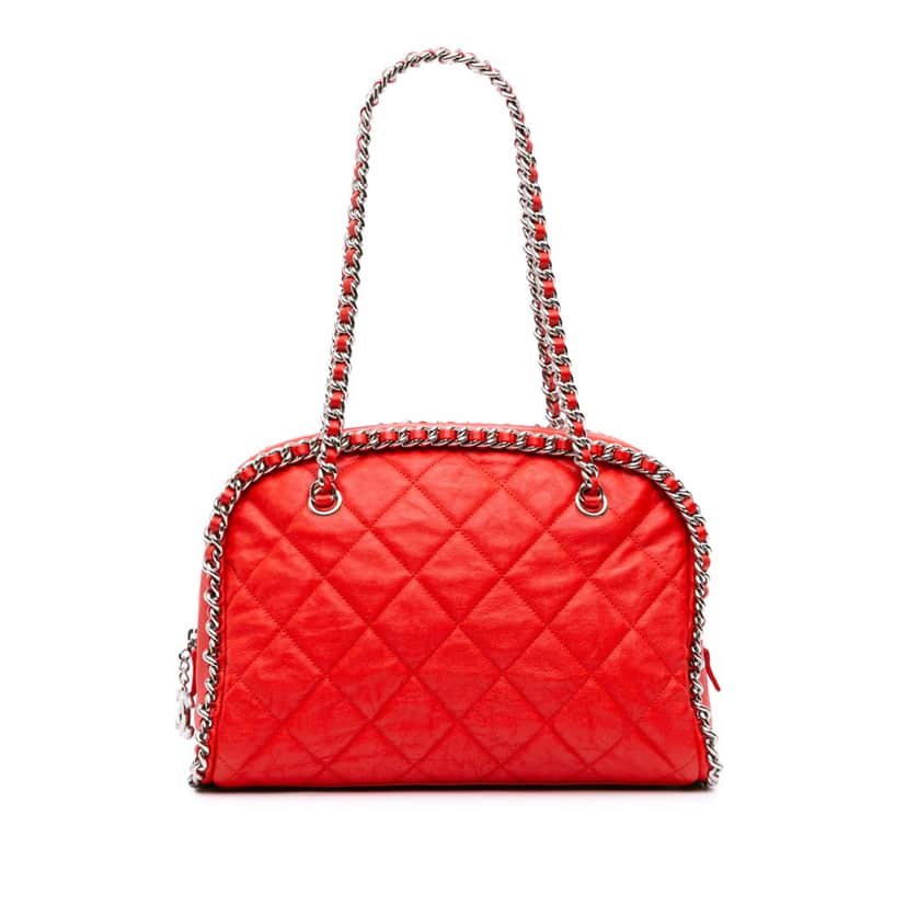 Chanel Quilted Washed Lambskin Chain Around Bowler Red Leather Good condition - Front View