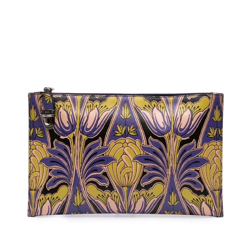 Prada Saffiano Stampa Floral Clutch Yellow Leather Good condition - Front View