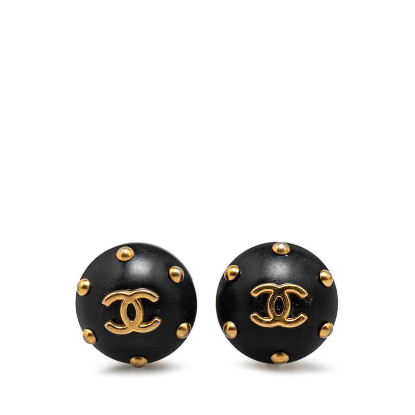 Chanel Acrylic Studded CC Button Clip On Earrings Gold Good condition - Front View
