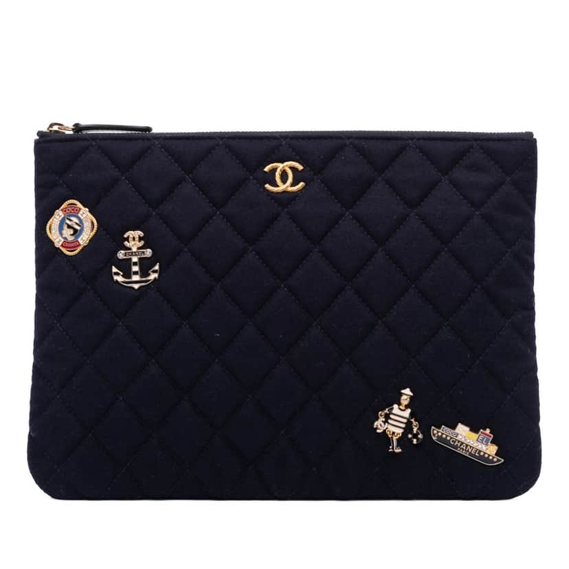 Chanel Paris Hamburg Medium Quilted Wool Coco Sailor Charms O Case Clutch Blue Wool Good condition - Front View