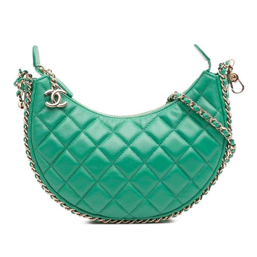 Chanel Small Quilted Lambskin Chain Around Hook Hobo Bag Green Leather Very good condition - Front View