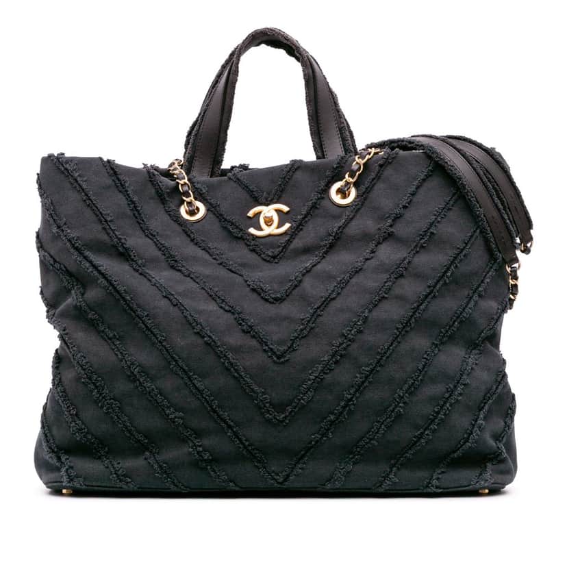 Chanel Chevron Canvas Cuba Patchwork Shopper Tote Blue Canvas Good condition - Front View
