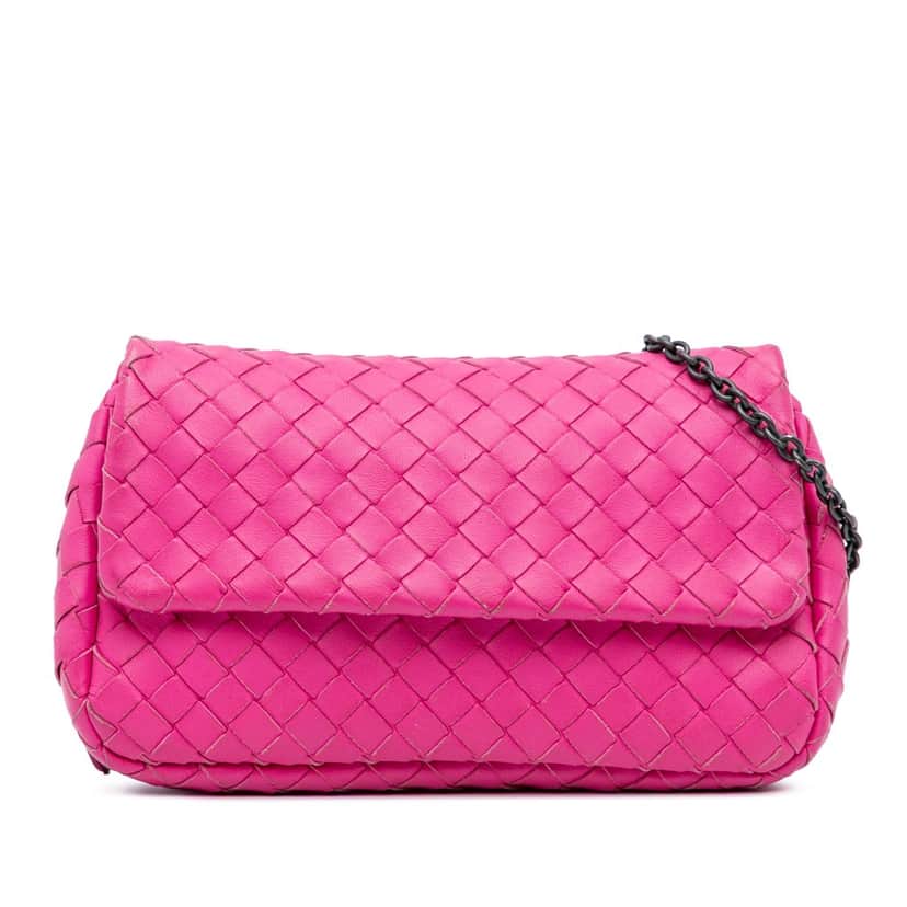 Bottega Veneta Small Calfskin Intrecciomirage Embossed Butterfly Chain Crossbody Pink Leather Good condition - Front View