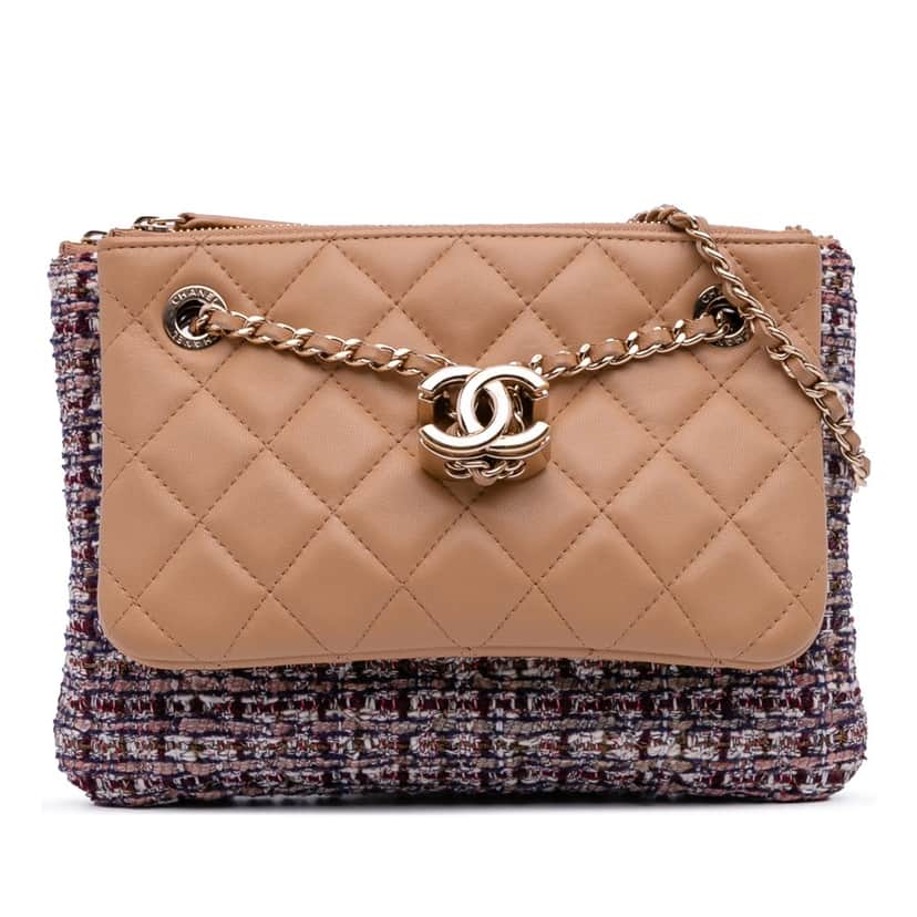 Chanel Quilted Lambskin and Tweed Double Case with Chain Brown Leather Good condition - Front View