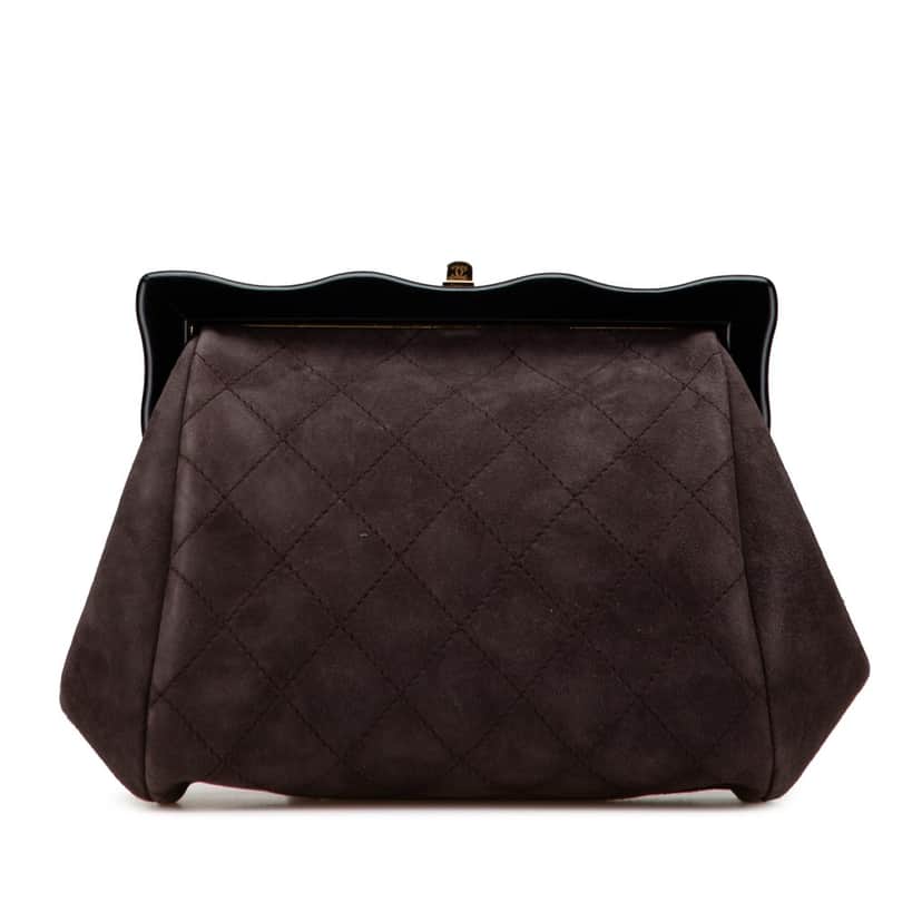 Chanel CC Quilted Suede Kiss Lock Clutch Brown Leather Good condition - Front View