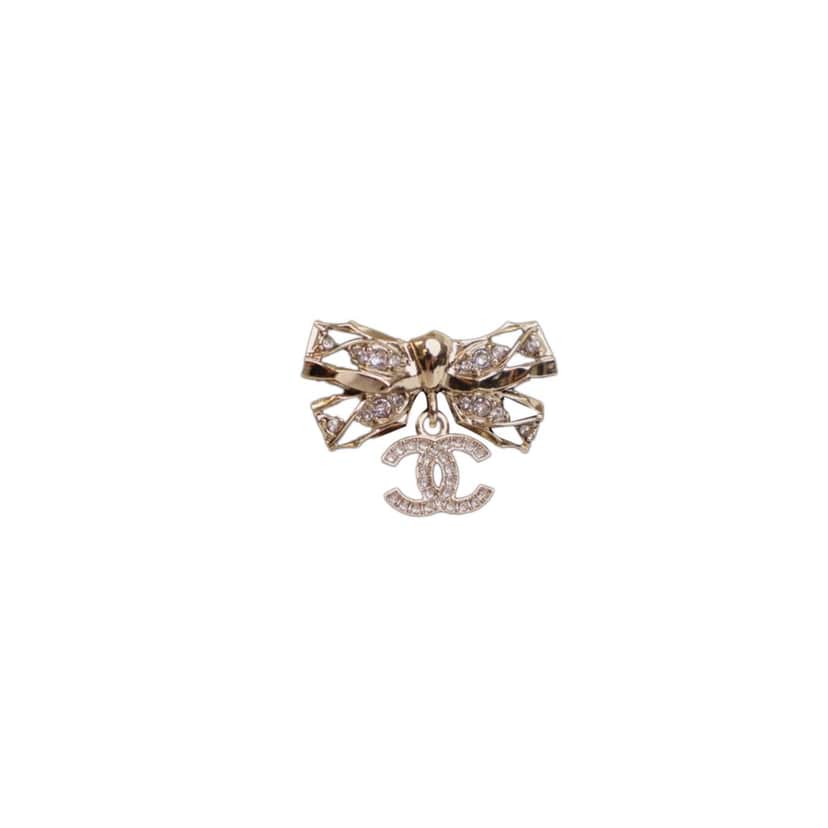 Chanel Gold Plated Crystal CC Bow Brooch Gold Metal Good condition - Front View
