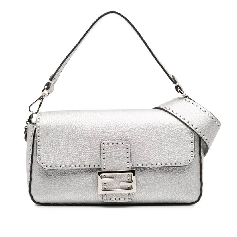 Fendi Leather Selleria Baguette Satchel Silver Leather Good condition - Front View