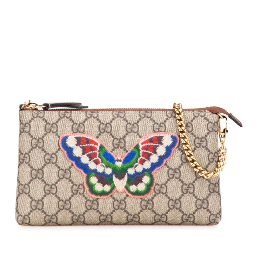 Gucci GG Supreme Embroidered Butterfly Chain Pochette Brown Canvas Good condition - Front View