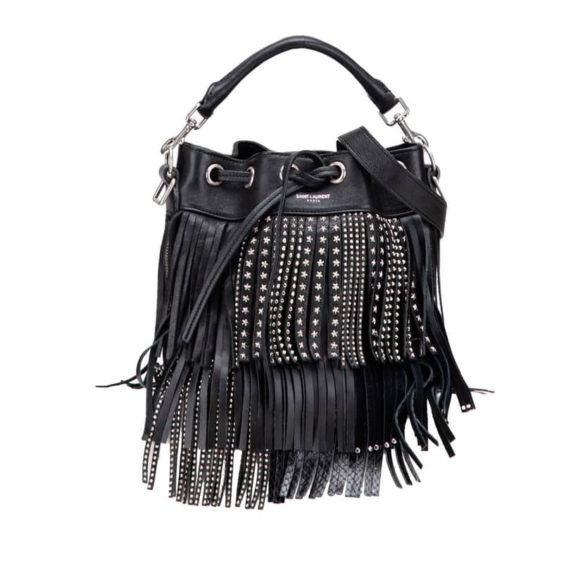 Saint Laurent Small Studded Calfskin Emmanuelle Fringe Bucket Bag Black Leather Good condition - Front View