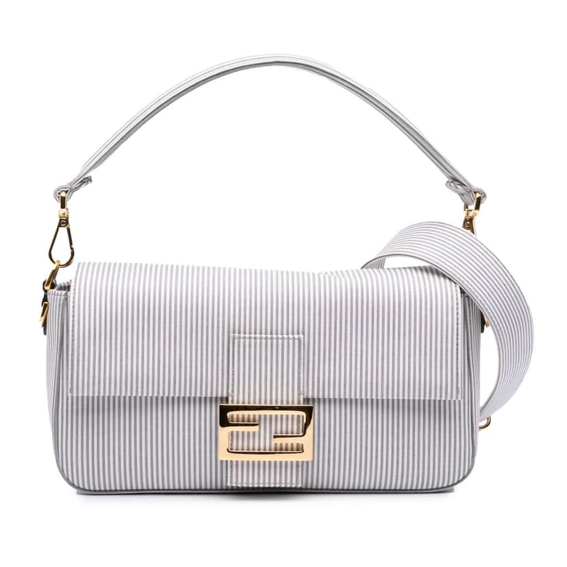Fendi Medium Striped Canvas Baguette Satchel White Canvas Good condition - Front View
