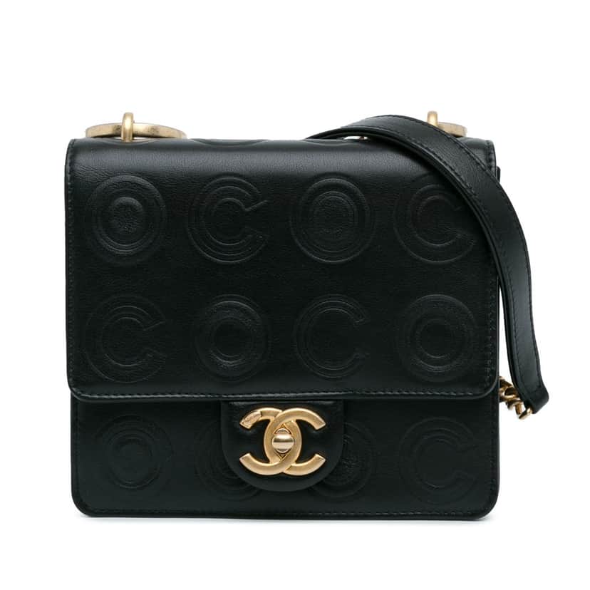 Chanel Mini Square Calfskin Coco Embossed Flap Black Leather Good condition - Front View