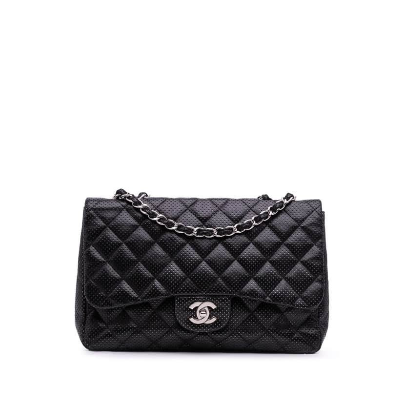 Chanel Jumbo Perforated Lambskin Single Flap Black Leather Good condition - Front View
