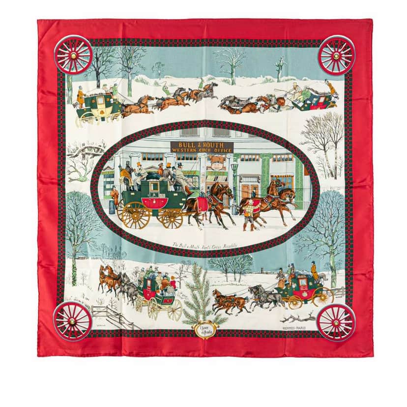 Hermès Bull & Mouth Western Coach Office Silk Scarf Red Silk Good condition - Front View
