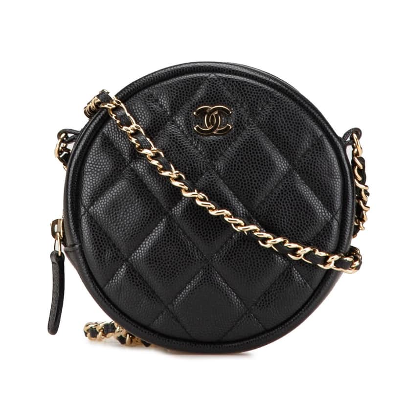 Chanel CC Quilted Caviar Round Clutch With Chain Black Leather Good condition - Front View