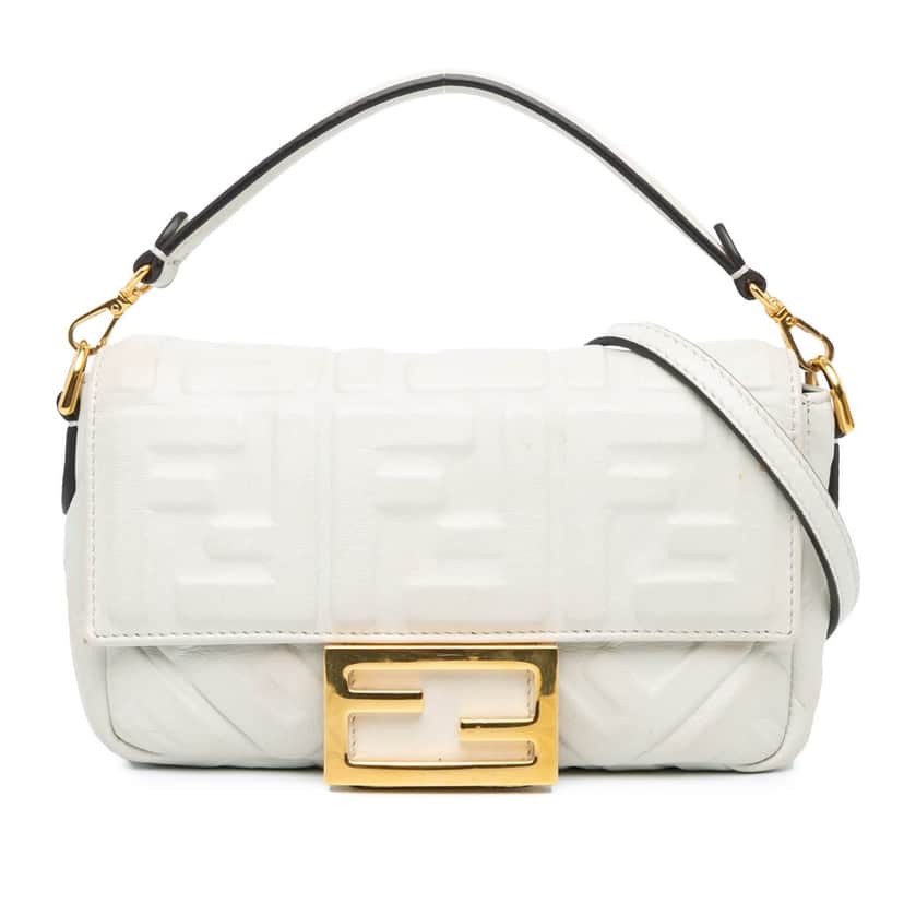 Fendi Mini Zucca Embossed Leather Baguette Satchel White Leather Good condition - Front View