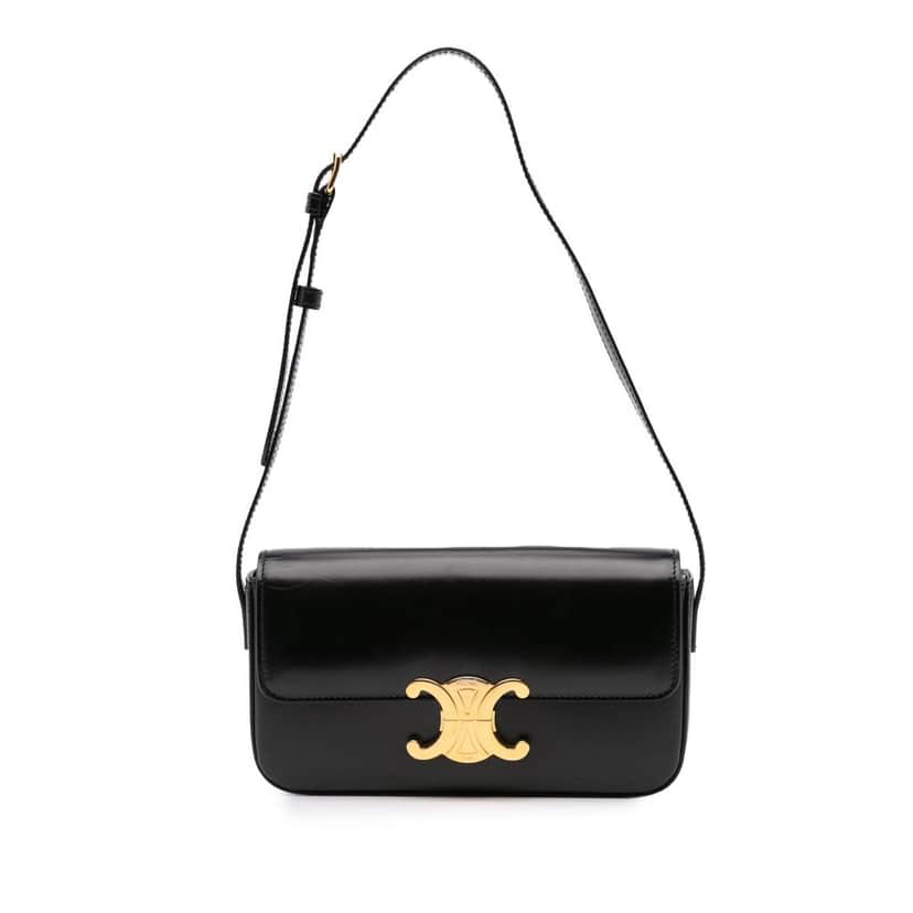Celine Shiny Calfskin Claude Shoulder Bag Black Leather Good condition - Front View