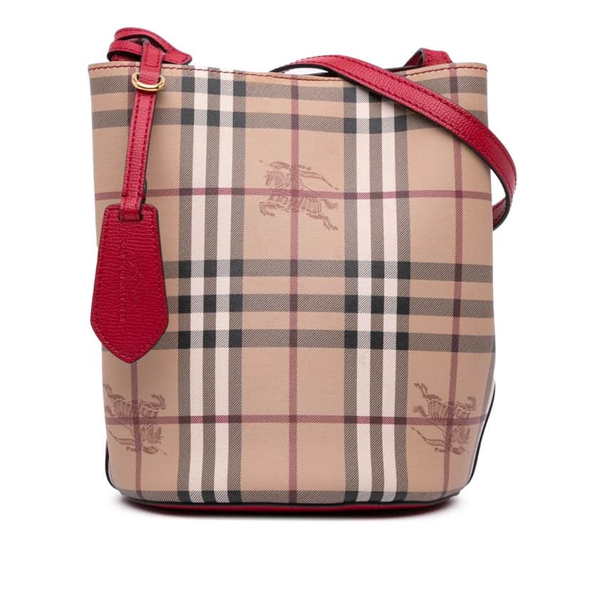 Burberry Haymarket Check Coated Canvas Lorne Bucket Bag Brown Canvas Good condition - Front View