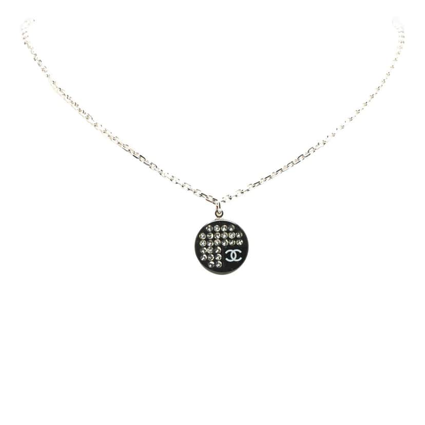 Chanel Silver Plated CC Resin and Rhinestone Pendant Necklace Silver Silver Good condition - Front View