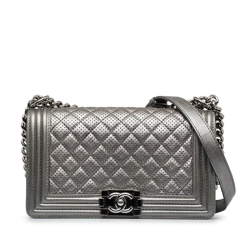 Chanel Old Medium Quilted Perforated Metallic Lambskin Boy Flap Grey Leather Good condition - Front View