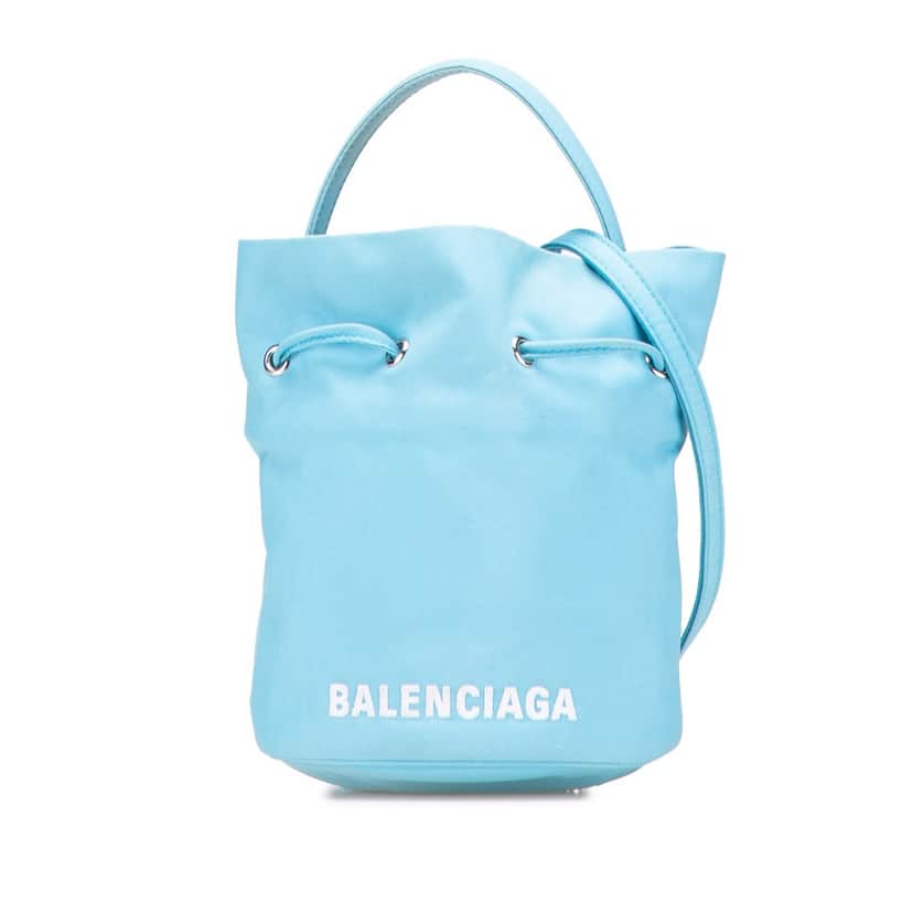 Balenciaga Recycled Sport Nylon Embroidered Logo Wheel Drawstring Bucket Bag Blue Good condition - Front View