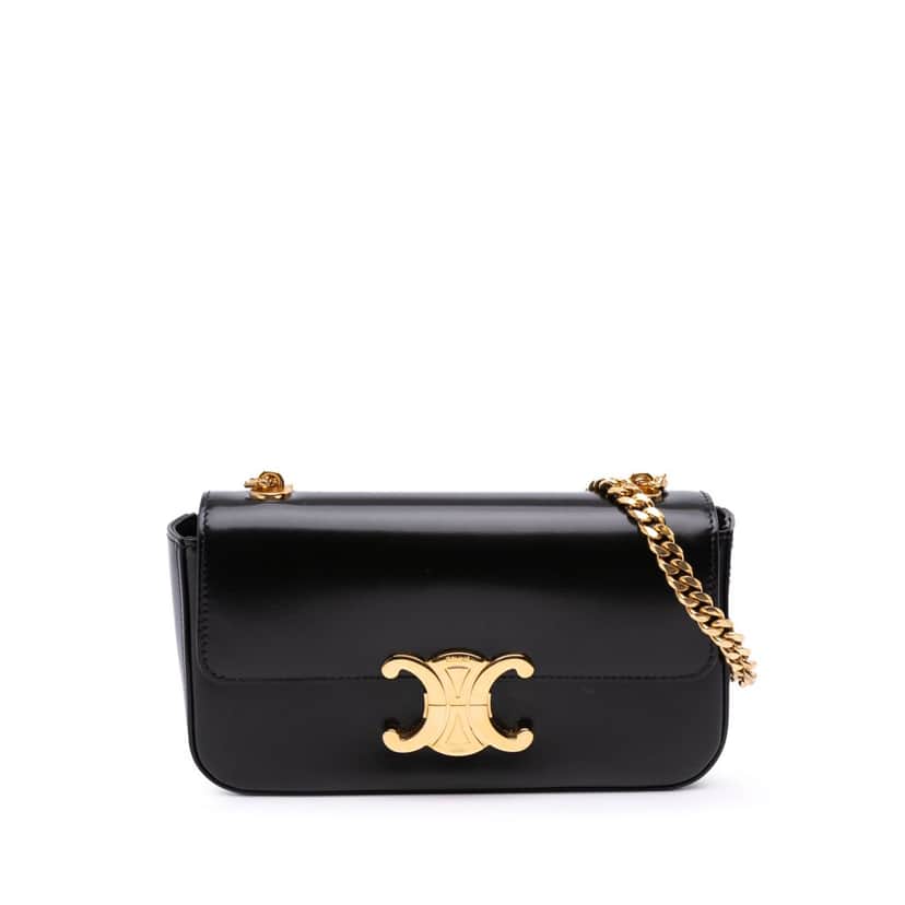 Celine Shiny Calfskin Claude Chain Shoulder Bag Black Leather Good condition - Front View