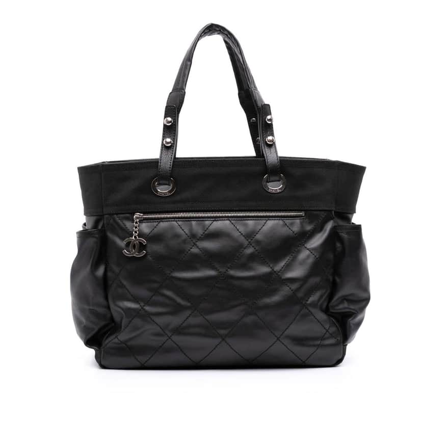 Chanel Paris Biarritz Large Quilted Coated Canvas Tote Black Canvas Good condition - Front View