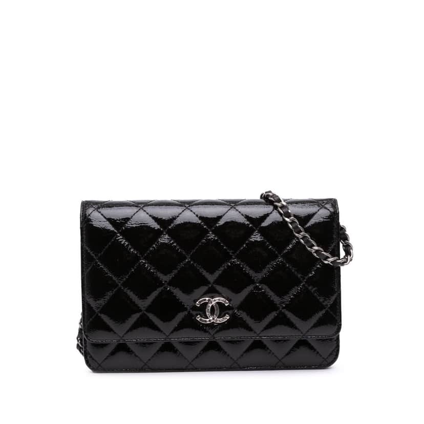 Chanel CC Quilted Patent Wallet On Chain Black Leather Good condition - Front View