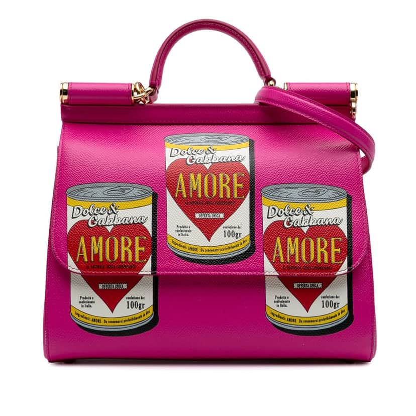 Dolce & Gabbana Medium Calfskin Dauphine Amore Soup Can Print Miss Sicily Satchel Pink Leather Good condition - Front View