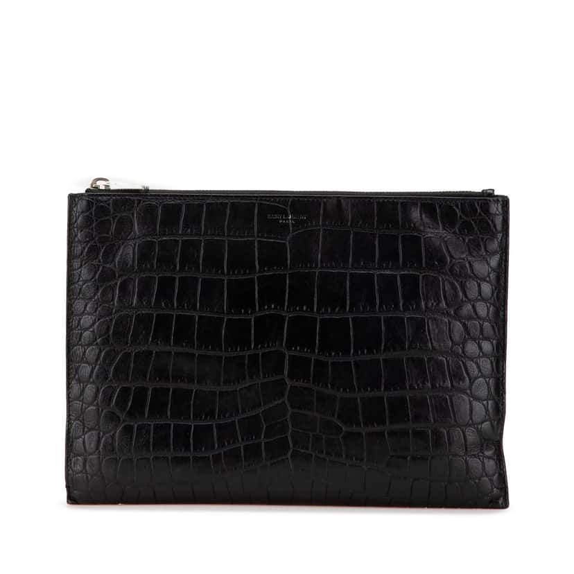 Saint Laurent Croc Embossed Leather Clutch Black Leather Fair condition - Front View