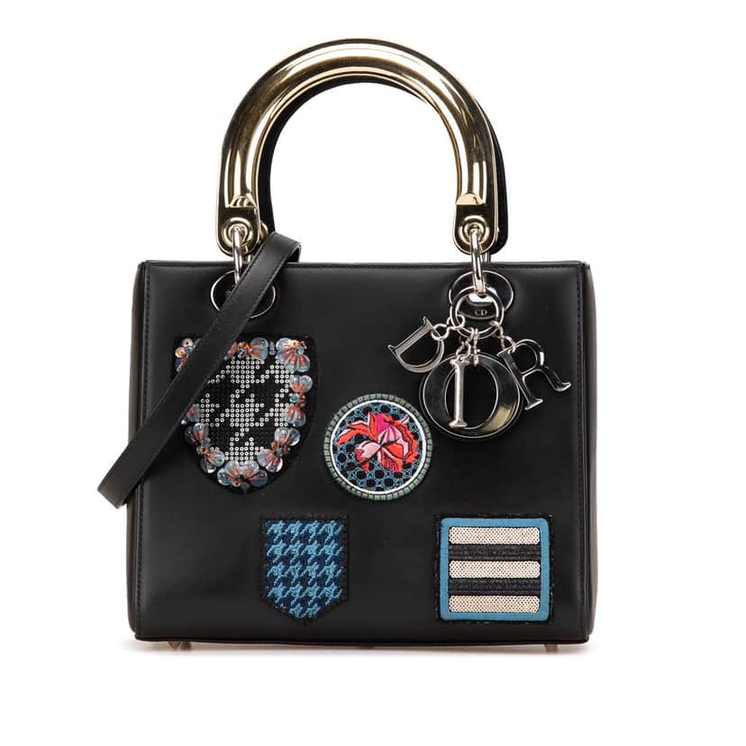 Dior Medium Calfskin Patch Embellished Lady Dior Black Leather Good condition - Front View