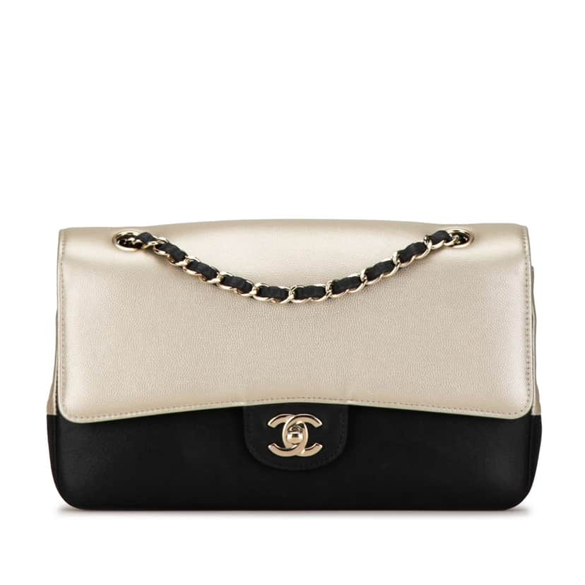 Chanel Medium Classic Bicolor Caviar Double Flap Silver Leather Good condition - Front View