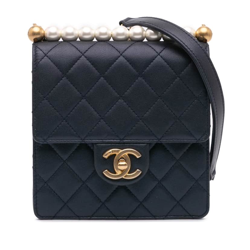 Chanel Small Lambskin Chic Pearls Flap Blue Leather Good condition - Front View