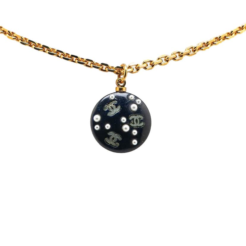Chanel Gold Plated CC Resin and Faux Pearl Pendant Necklace Gold Metal Good condition - Front View