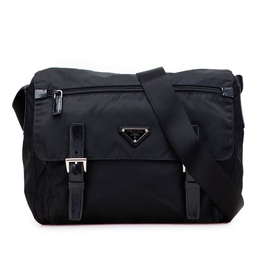 Prada Tessuto Zip Double Buckle Messenger Bag Black Good condition - Front View