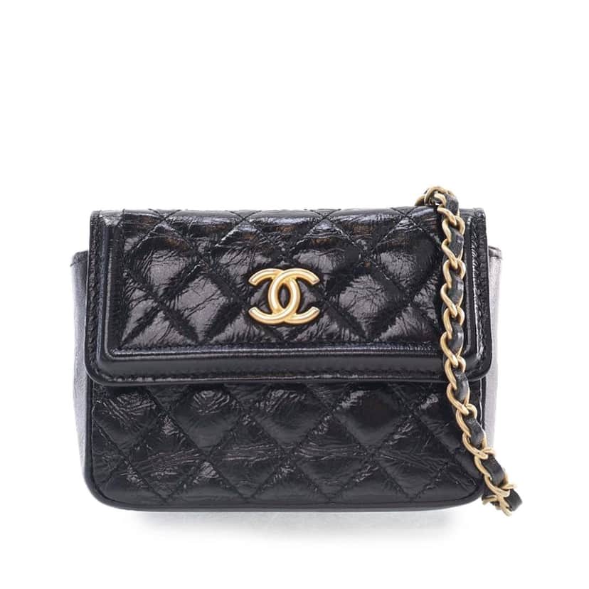 Chanel Quilted Shiny Aged Calfskin Waist Belt Bag Black Leather Good condition - Front View
